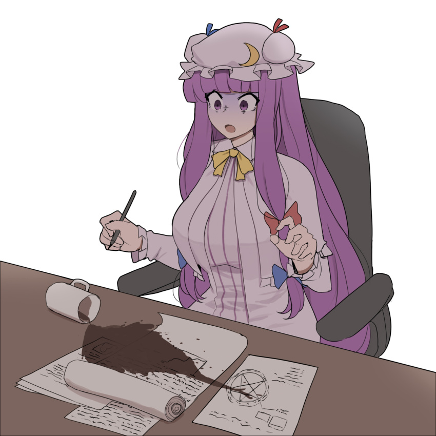 1girl :o bangs blue_bow blunt_bangs bow bowtie bun_cover chair coffee coffee_mug crescent crescent_hat_ornament cup double_bun dress hair_bow hair_bun hat hat_bow hat_ornament highres long_hair long_sleeves mata_(matasoup) mob_cap mug neck_ribbon patchouli_knowledge purple_dress purple_hair purple_headwear red_bow red_bowtie red_ribbon ribbon robe shaded_face simple_background sitting solo spill striped striped_dress touhou vertical-striped_dress vertical_stripes very_long_hair violet_eyes white_background wide_sleeves