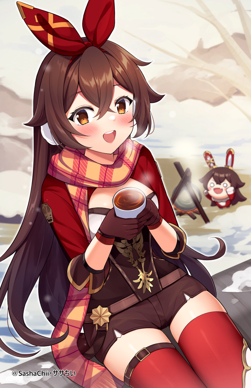 1girl :d absurdres amber_(genshin_impact) bangs baron_bunny_(genshin_impact) blurry brown_eyes brown_gloves brown_hair campfire commentary cooking_pot cup depth_of_field earmuffs english_commentary genshin_impact gloves hair_between_eyes hairband highres holding holding_cup hot_chocolate long_hair long_sleeves looking_at_viewer plaid plaid_scarf red_thighhighs sasha_chii scarf short_shorts shorts sidelocks sitting smile snow solo stuffed_animal stuffed_bunny stuffed_toy thigh-highs twitter_username zettai_ryouiki