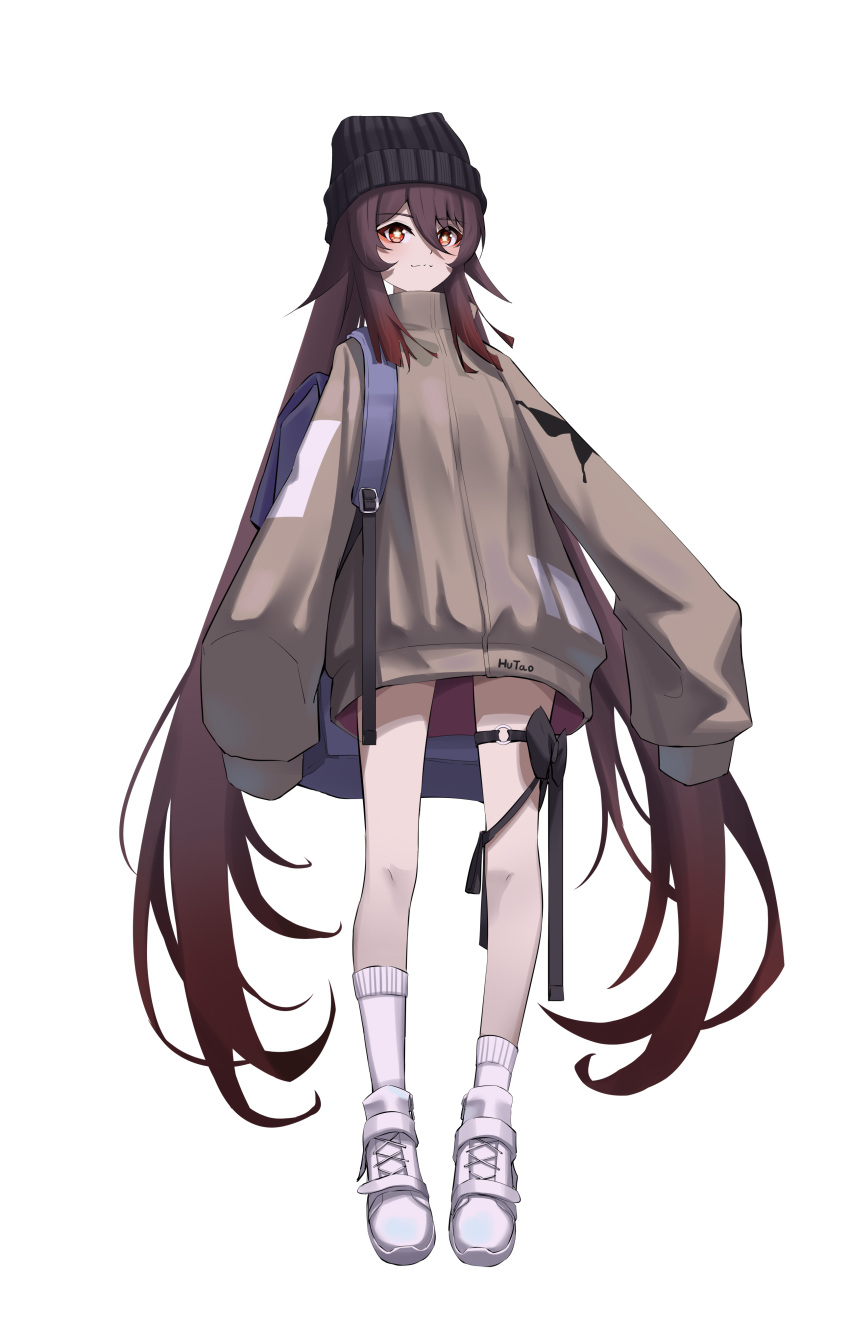 1girl absurdres alternate_costume asymmetrical_legwear backpack bag bangs brown_hair commentary_request contemporary full_body genshin_impact hair_between_eyes hat highres hu_tao_(genshin_impact) jacket long_hair long_sleeves looking_at_viewer oversized_clothes qixia red_eyes shoes sidelocks simple_background sleeves_past_wrists sneakers socks solo stadn symbol-shaped_pupils thighlet turtleneck turtleneck_jacket twintails white_background white_footwear white_socks