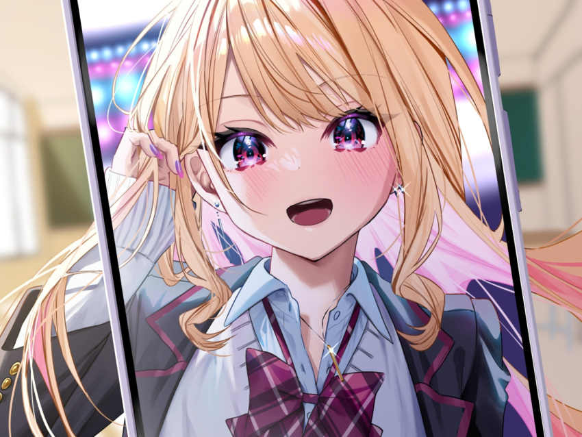 1girl adjusting_hair bangs blazer blonde_hair blurry blurry_background blush bow bowtie cardigan chalkboard chigusa_minori classroom collared_shirt depth_of_field earrings fingernails grey_jacket gyaru hand_in_own_hair indoors jacket jewelry long_hair long_sleeves looking_at_viewer multicolored_eyes nail_polish necklace official_art open_collar open_mouth original photo_(object) picture_frame pink_eyes purple_bow purple_bowtie purple_nails purple_trim school_uniform shiny shiny_hair shirt sleeves_past_wrists solo sparkle striped striped_bow striped_bowtie thick_eyelashes violet_eyes white_cardigan white_shirt