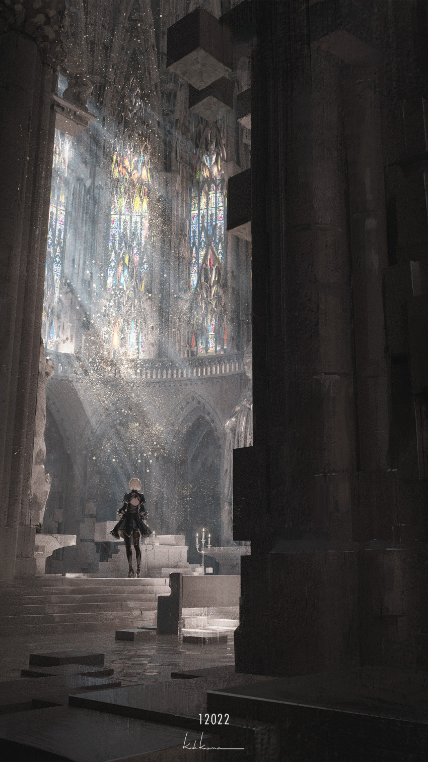 1girl arch architecture back_cutout black_dress boots candle cathedral church clothing_cutout dress feather-trimmed_sleeves fire flame from_behind glass gloves high_heel_boots high_heels highres indoors juliet_sleeves leather leather_boots light_rays long_sleeves nier_(series) nier_automata pew pillar puffy_sleeves rounin_(amuza) signature solo stained_glass standing statue sunbeam sunlight thigh-highs thigh_boots thighhighs_under_boots white_hair window yorha_no._2_type_b