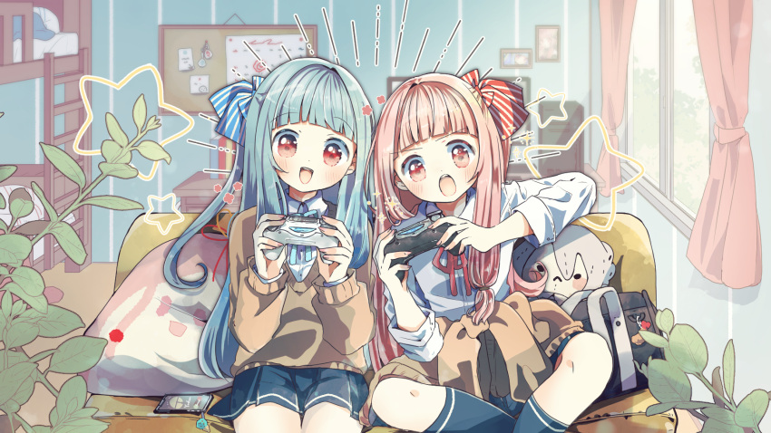 2girls bag bangs bed blue_hair blue_ribbon bunk_bed cellphone commission computer controller couch curtains game_controller hair_ribbon highres holding holding_controller holding_game_controller indoors kotonoha_akane kotonoha_aoi long_hair long_sleeves multiple_girls open_mouth oyasumi_makura phone pink_hair plant playing_games red_eyes red_ribbon ribbon school_bag school_uniform seyanaa shirt siblings sisters sitting skeb_commission skirt smartphone socks star_(symbol) stuffed_toy sweater voiceroid white_shirt window