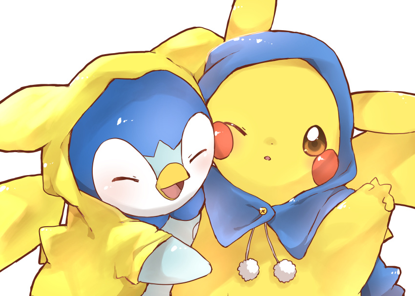 :d brown_eyes chiko_(chi_p_71) closed_eyes clothed_pokemon coat commentary_request hand_up highres hood hood_up looking_at_viewer no_humans one_eye_closed open_mouth pikachu piplup pokemon pokemon_(creature) raincoat simple_background smile white_background yellow_coat