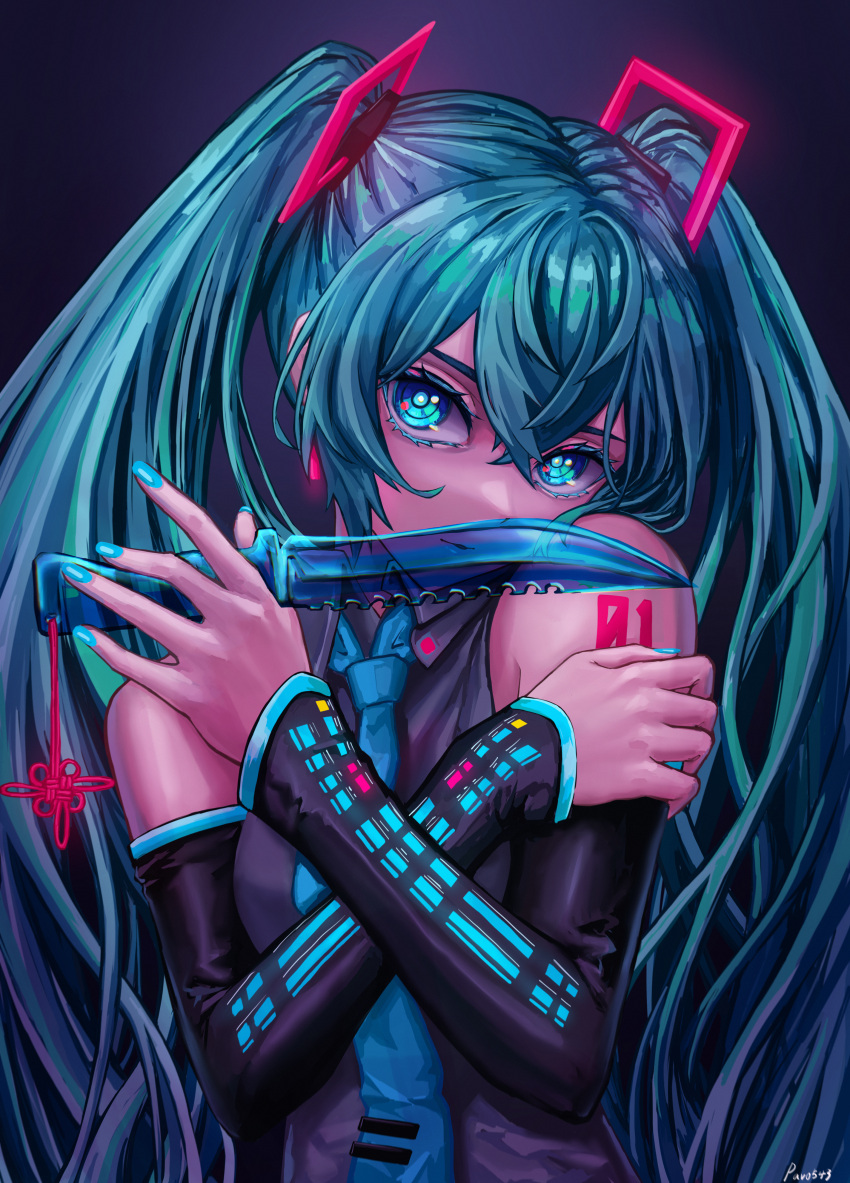 1girl absurdres bangs black_sleeves blue_eyes blue_hair blue_nails blue_necktie closed_mouth collared_shirt commentary detached_sleeves earrings grey_shirt hair_between_eyes hair_ornament hatsune_miku head_tilt highres holding holding_knife jewelry knife long_hair long_sleeves looking_at_viewer nail_polish necktie number_tattoo pavo543 shiny shiny_hair shirt shoulder_tattoo signature sleeveless sleeveless_shirt solo tattoo transparent_weapon upper_body very_long_hair vocaloid wing_collar