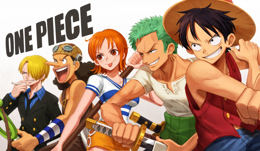 1girl 4boys :d black_hair black_jacket black_necktie blonde_hair blue_pants blue_shirt brown_eyes cigarette closed_mouth collarbone collared_shirt copyright_name earrings green_hair grin hair_ornament highres holding holding_sword holding_weapon jacket jewelry long_sleeves miniskirt monkey_d._luffy multiple_boys nami_(one_piece) necktie oekakiboya one_piece open_mouth orange_hair pants pencil_skirt red_vest roronoa_zoro sanji_(one_piece) scar scar_on_cheek scar_on_face sheath shiny shiny_hair shirt short_hair short_sleeves skirt smile striped striped_shirt sword tongue tongue_out unsheathing usopp vertical-striped_shirt vertical_stripes vest weapon white_shirt wing_collar yellow_skirt