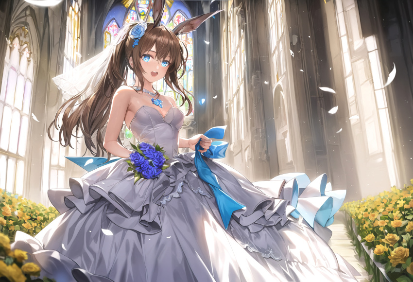 1girl ai-assisted amiya_(arknights) animal_ears arknights bare_shoulders blue_eyes blush bouquet breasts bridal_veil bride brown_hair church dress extra_ears flower hair_between_eyes hair_flower hair_ornament highres jewelry long_hair necklace nido_(sebamaster) open_mouth rabbit_ears sidelocks small_breasts smile solo veil very_long_hair wedding_dress