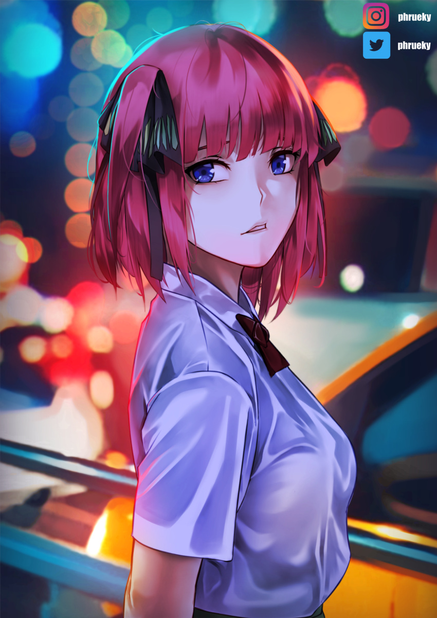 1girl absurdres artist_name bangs black_ribbon blue_eyes blurry blurry_background collared_shirt go-toubun_no_hanayome hair_ribbon highres lens_flare long_hair looking_at_viewer nakano_nino night outdoors parted_lips phruekey redhead ribbon school_uniform shiny shiny_hair shirt short_sleeves solo twintails upper_body white_shirt wing_collar