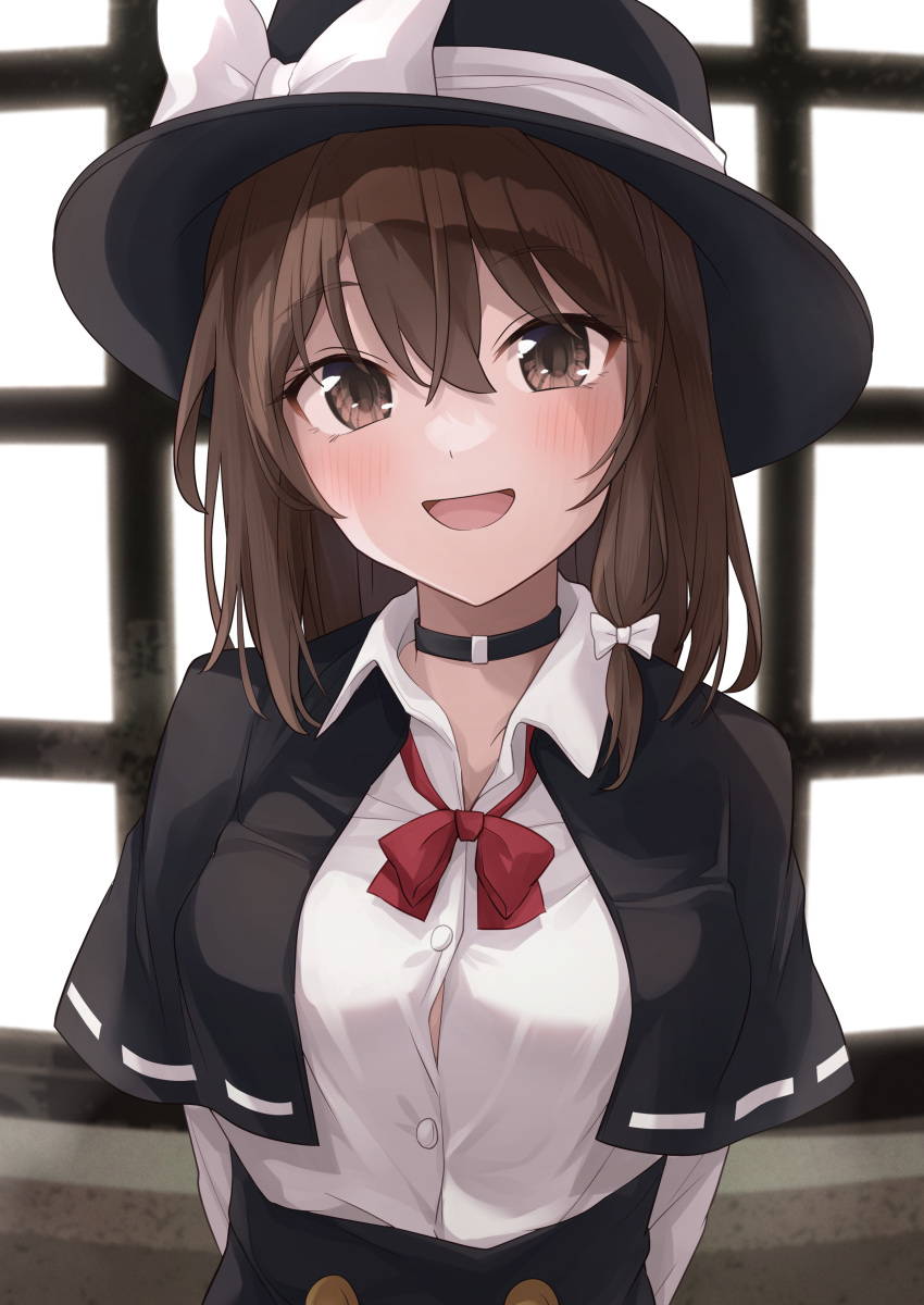 1girl absurdres arms_behind_back black_capelet black_choker black_headwear blush bow bowtie brown_eyes brown_hair buttons capelet choker collared_shirt hair_between_eyes hat hat_bow highres long_sleeves looking_at_viewer open_mouth ramie_(ramie541) red_bow red_bowtie shirt short_hair smile solo touhou upper_body usami_renko white_bow white_shirt