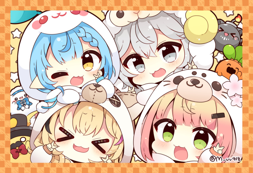 &gt;_&lt; 4girls :d ;d animal_hood bangs blonde_hair blue_hair braid checkered_background chibi comiket commentary_request double_v facing_viewer fang green_eyes grey_eyes grey_hair hair_between_eyes hair_ornament hairclip hand_up hololive hood hood_up long_sleeves looking_at_viewer momosuzu_nene multiple_girls muuran omaru_polka one_eye_closed puffy_long_sleeves puffy_sleeves shishiro_botan sleeves_past_wrists smile twitter_username v xd yellow_eyes yukihana_lamy