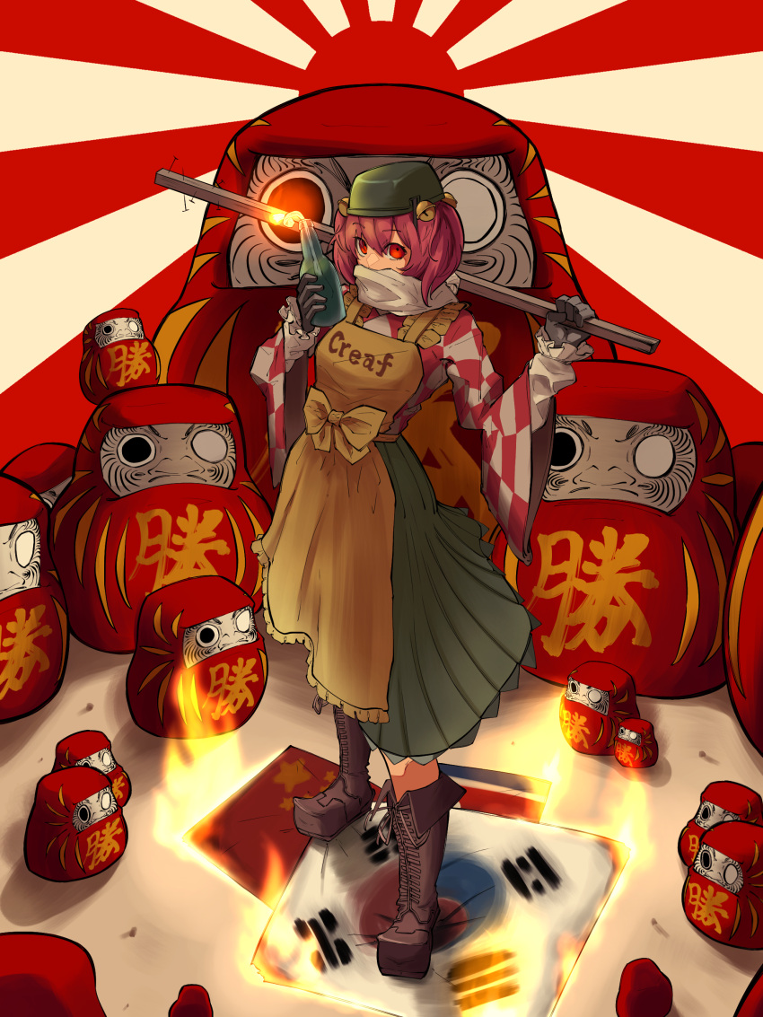 1girl absurdres apron bangs baseball_bat bell black_gloves boots bow breasts brown_footwear burning character_name checkered_clothes checkered_shirt clothes_writing commentary_request cookie_(touhou) creaf_(cookie) cross-laced_footwear daruma_doll fire flag full_body gloves green_headwear green_skirt hair_bell hair_between_eyes hair_ornament highres holding holding_staff holding_weapon jingle_bell long_sleeves looking_at_viewer molotov_cocktail motoori_kosuzu nail nail_bat north_korean_flag odoro_(nicoseiga81184094) people's_republic_of_china_flag red_eyes red_shirt redhead rising_sun scarf shirt short_hair skirt small_breasts solo south_korean_flag staff sunburst touhou two_side_up weapon white_scarf white_shirt yellow_apron yellow_bow