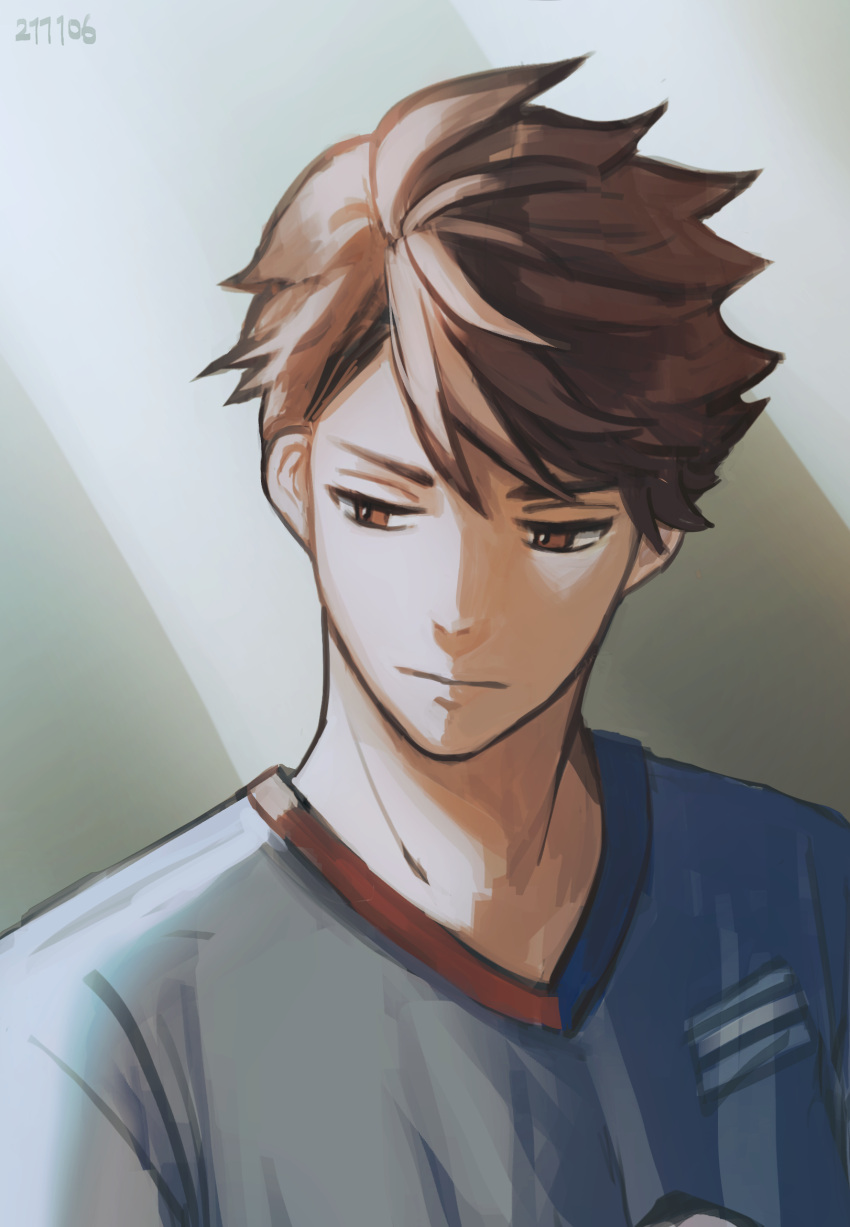 1boy brown_eyes brown_hair expressionless haikyuu!! highres kkomommo male_focus oikawa_tooru_(haikyuu!!) shirt short_hair solo sportswear upper_body volleyball_uniform