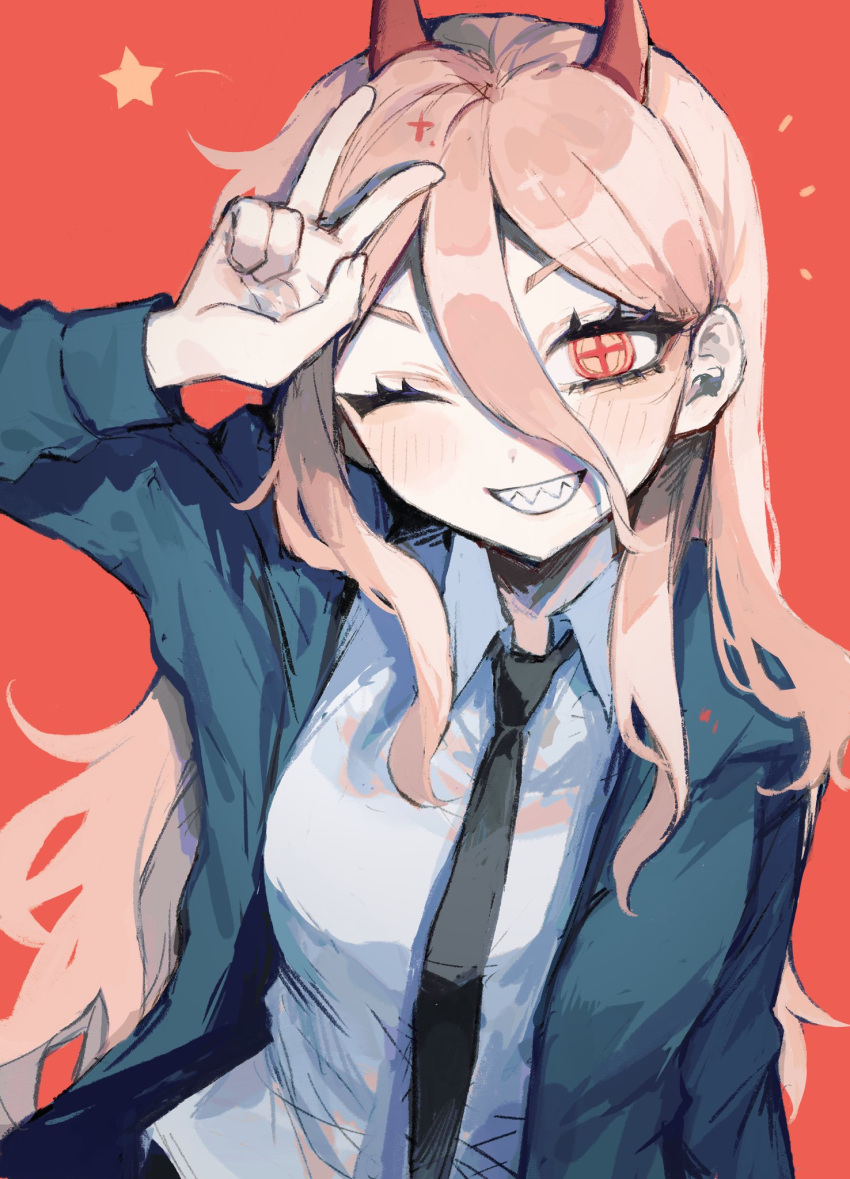 1girl black_necktie blonde_hair blue_hoodie blue_jacket chainsaw_man collared_shirt cross-shaped_pupils demon_horns highres hood hoodie horns jacket long_hair looking_at_viewer necktie one_eye_closed open_mouth power_(chainsaw_man) red_horns sharp_teeth shirt simple_background sippudayo smile solo symbol-shaped_pupils teeth v white_shirt yellow_eyes