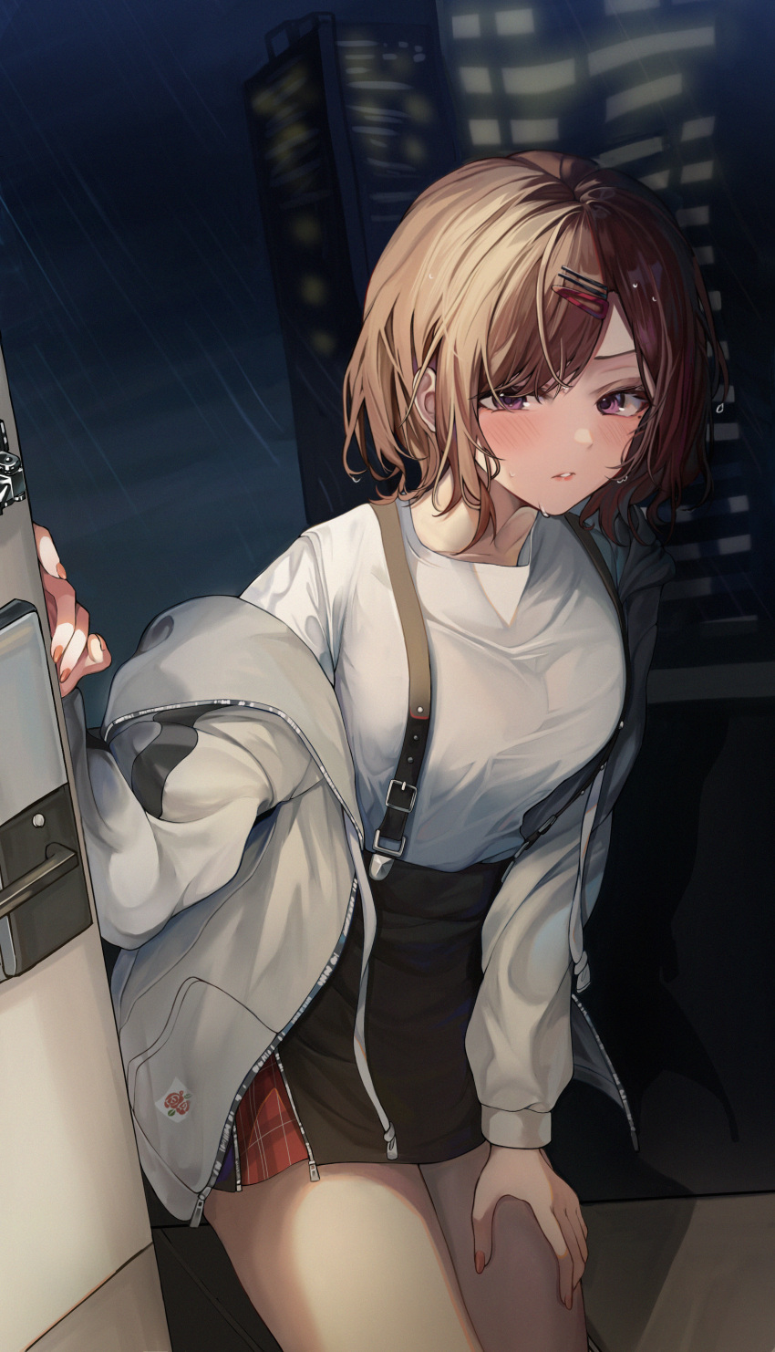 1girl absurdres blush breasts brown_hair doorway grey_jacket highres higuchi_madoka idolmaster idolmaster_shiny_colors jacket looking_at_viewer medium_breasts nail_polish night night_sky pov_doorway rain rosu_1109 shirt short_hair skirt sky solo suspender_skirt suspenders water_drop wet wet_clothes wet_hair wet_shirt