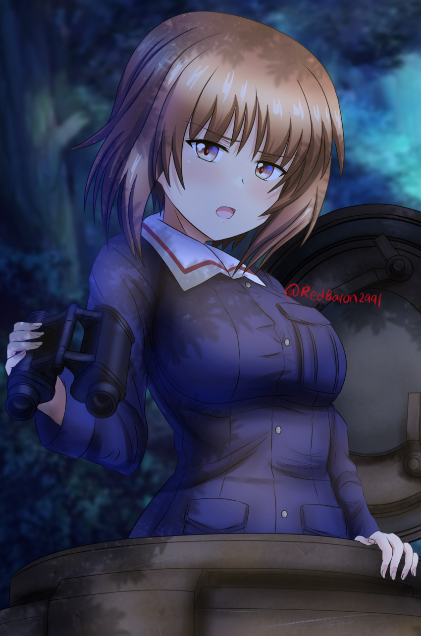 1girl bangs binoculars blue_jacket blurry blurry_background brown_eyes brown_hair commentary dappled_moonlight dark depth_of_field frown girls_und_panzer half-closed_eyes highres holding holding_binoculars jacket long_sleeves looking_at_viewer military military_uniform moonlight night nishizumi_miho ooarai_military_uniform open_mouth redbaron short_hair solo tank_cupola twitter_username uniform upper_body