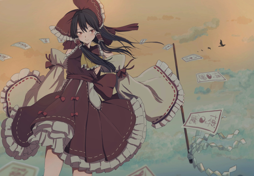 1girl absurdres ascot black_hair bow breasts collared_shirt detached_sleeves frilled_bow frilled_hair_tubes frilled_shirt_collar frilled_skirt frills gohei hair_bow hair_tubes hakurei_reimu highres long_hair mesuosushi_psd ofuda red_bow red_eyes red_shirt red_skirt ribbon-trimmed_sleeves ribbon_trim shirt sideboob sidelocks skirt skirt_set sleeveless sleeveless_shirt solo touhou white_sleeves wide_sleeves yellow_ascot