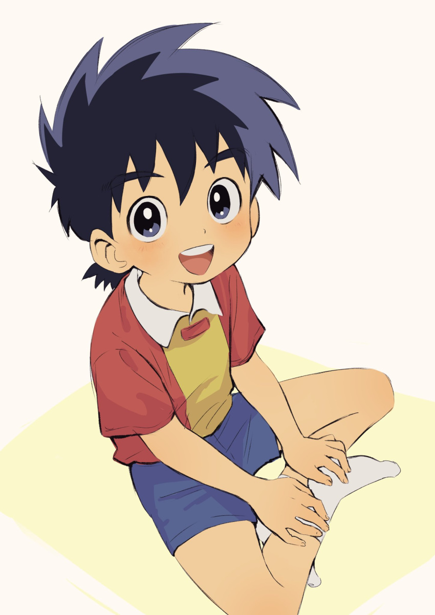 18arumik_4 1boy :d black_eyes black_hair blue_shorts blush bright_pupils collared_shirt genji_agedama genji_tsuushin_agedama hair_between_eyes hands_on_own_legs highres looking_at_viewer looking_up male_child open_mouth shirt short_sleeves shorts sitting smile socks solo teeth two-tone_background two-tone_shirt upper_teeth white_pupils white_socks