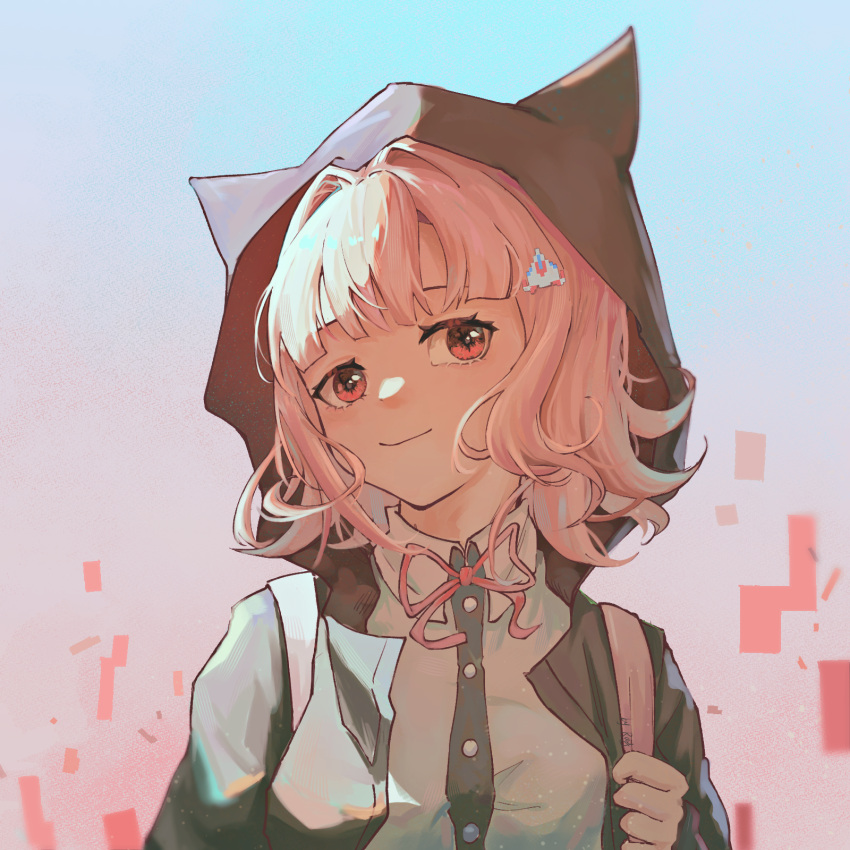 1girl animal_ears bangs black_shirt cat_ears closed_mouth danganronpa_(series) danganronpa_2:_goodbye_despair dress_shirt fake_animal_ears galaga hair_ornament highres hood hooded_jacket jacket long_sleeves looking_at_viewer medium_hair nanami_chiaki neck_ribbon open_clothes open_jacket pink_eyes pink_ribbon ribbon rui_yi_ray shirt smile solo two-tone_shirt white_shirt