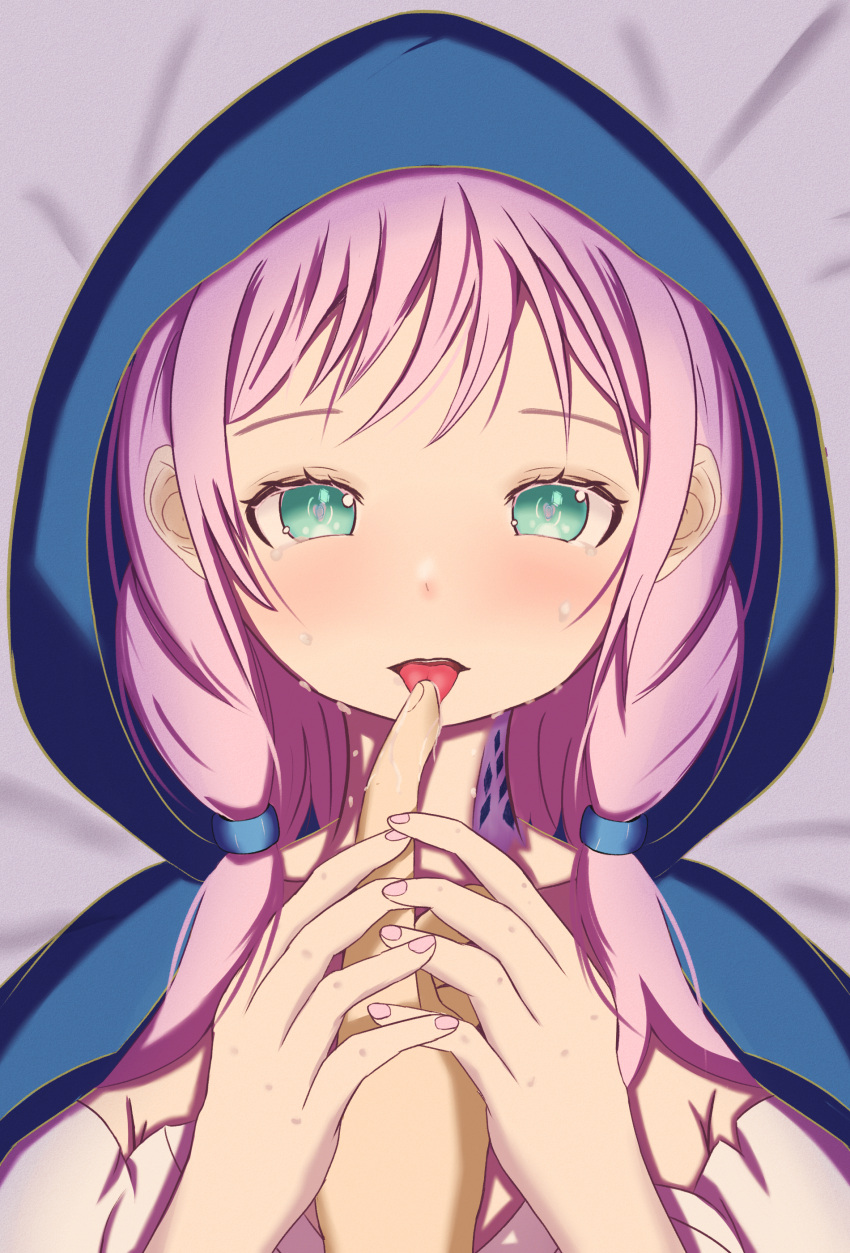 1girl 1other absurdres aqua_eyes arknights blue_jacket blue_poison_(arknights) eyelashes highres holding_hands hood hooded_jacket jacket licking_another's_finger looking_at_viewer momomomoko24 pink_hair pink_nails saliva solo_focus tongue tongue_out twintails