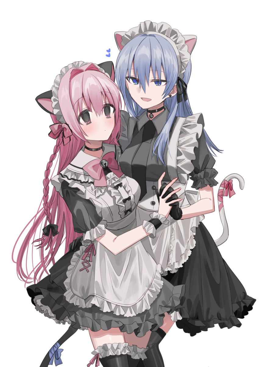2girls :d alternate_costume animal_ears apron bangs bell black_dress black_gloves black_necktie black_thighhighs blue_eyes blue_hair blush bow braid breasts cat_ears cat_girl cat_tail chihuri closed_mouth collared_dress commentary_request dress earrings ende_(chihuri) enmaided frilled_apron frills gloves hair_between_eyes hair_intakes highres holding_hands interlocked_fingers jewelry jingle_bell long_hair maid maid_headdress medium_breasts multiple_girls nea_(chihuri) neck_bell necktie original pink_bow pink_hair puffy_short_sleeves puffy_sleeves red_eyes short_sleeves simple_background smile stud_earrings tail tail_bow tail_ornament thigh-highs very_long_hair white_apron white_background wrist_cuffs