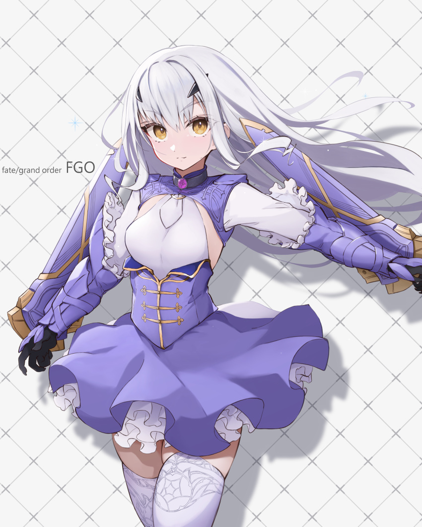 1girl absurdres artist_request blue_cape blue_dress breasts cape dress fairy_knight_lancelot_(fate) fairy_knight_lancelot_(second_ascension)_(fate) fate/grand_order fate_(series) forked_eyebrows frills highres looking_at_viewer sidelocks small_breasts solo white_hair yellow_eyes