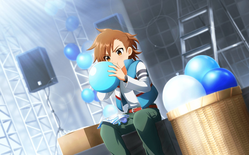 1boy balloon belt brown_eyes brown_hair fingernails high_collar highres idolmaster idolmaster_side-m idolmaster_side-m_live_on_stage! letter long_sleeves male_child male_focus official_art pants pocket sitting tachibana_shiro_(idolmaster) third-party_source watch