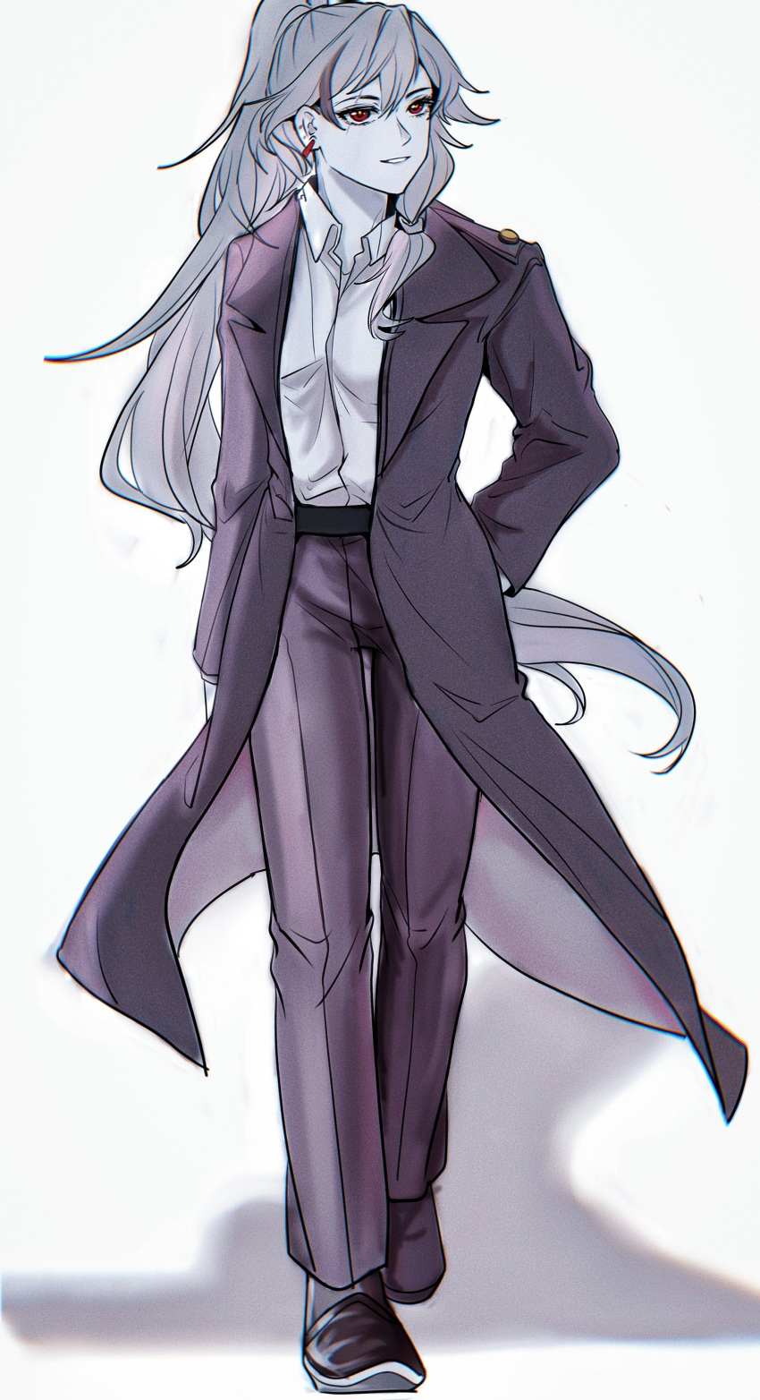 absurdres bangs black_footwear black_hair black_jacket black_pants character_request collared_shirt commentary_request dress_shirt formal grey_background grey_hair hair_between_eyes highres honkai_(series) honkai_impact_3rd jacket long_hair long_sleeves looking_at_viewer multicolored_hair open_clothes open_jacket pant_suit pants parted_lips ponytail red_eyes shadow shirt shoes smile streaked_hair suit very_long_hair walking white_shirt x51489586