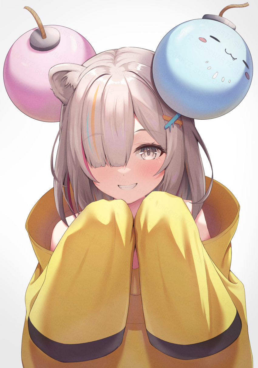 1girl animal_ear_fluff animal_ears bangs blush character_hair_ornament cosplay grey_eyes grey_hair grin hair_ornament hair_over_one_eye hands_up highres hololive iono_(pokemon) iono_(pokemon)_(cosplay) jacket lion_ears long_sleeves looking_at_viewer pokemon pokemon_(game) pokemon_sv shishiro_botan simple_background sleeves_past_fingers sleeves_past_wrists smile solo ssrb suicabar72 upper_body virtual_youtuber white_background x_hair_ornament yellow_jacket