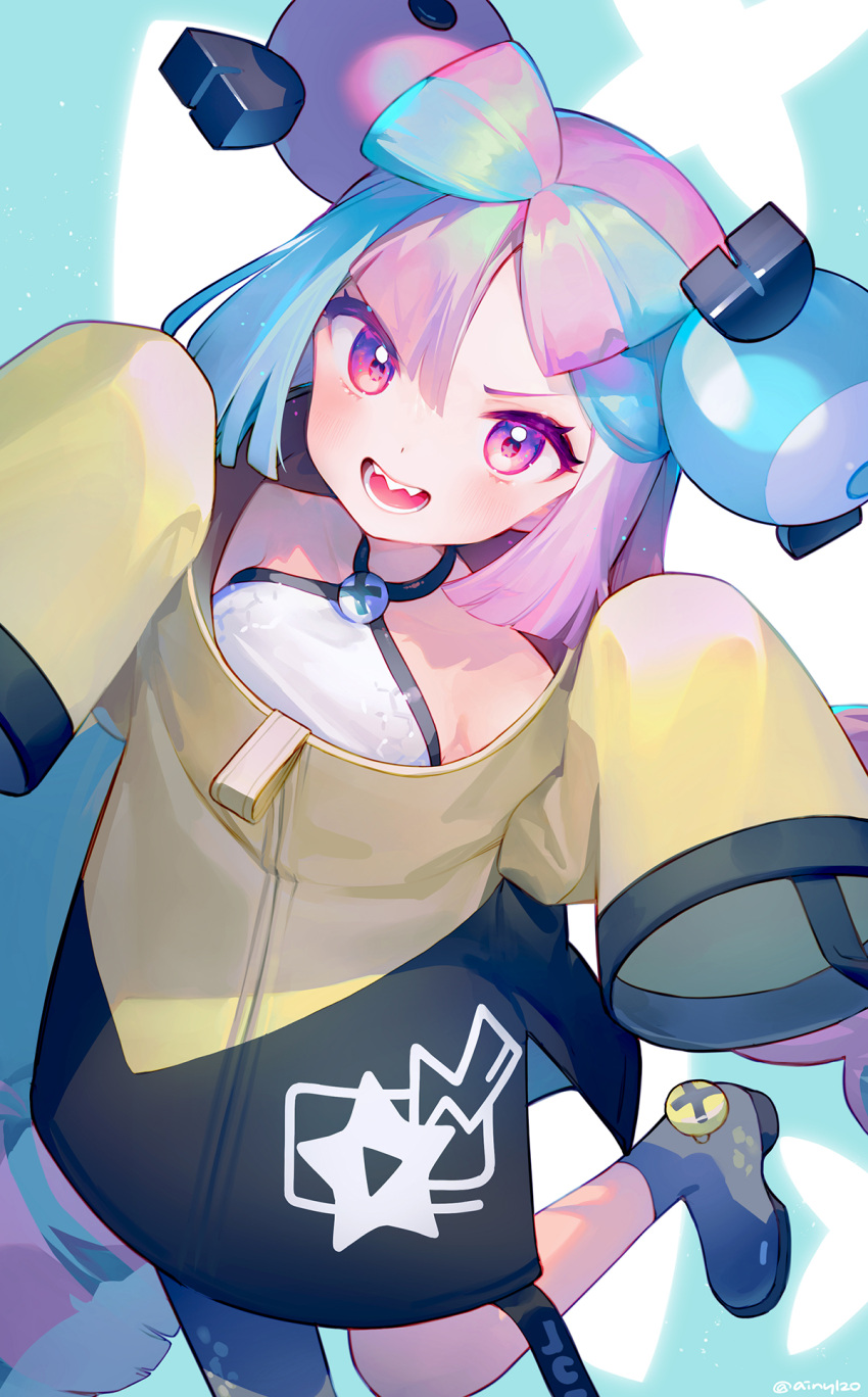 1girl ainy bangs blue_hair blush bow-shaped_hair breasts character_hair_ornament hair_ornament hexagon_print highres iono_(pokemon) jacket long_hair looking_at_viewer multicolored_hair open_mouth oversized_clothes pink_hair pokemon pokemon_(game) pokemon_sv sharp_teeth shirt single_leg_pantyhose sleeves_past_fingers sleeves_past_wrists smile solo teeth very_long_sleeves violet_eyes yellow_jacket
