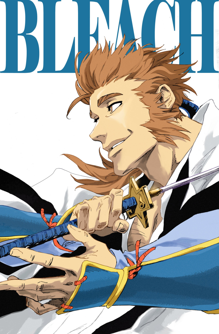 1boy absurdres armguards bleach bleach:_the_thousand-year_blood_war brown_hair chest_hair highres holding holding_sword holding_weapon japanese_clothes long_sideburns male_focus mature_male obana_danjirou ponytail sideburns smile sword weapon