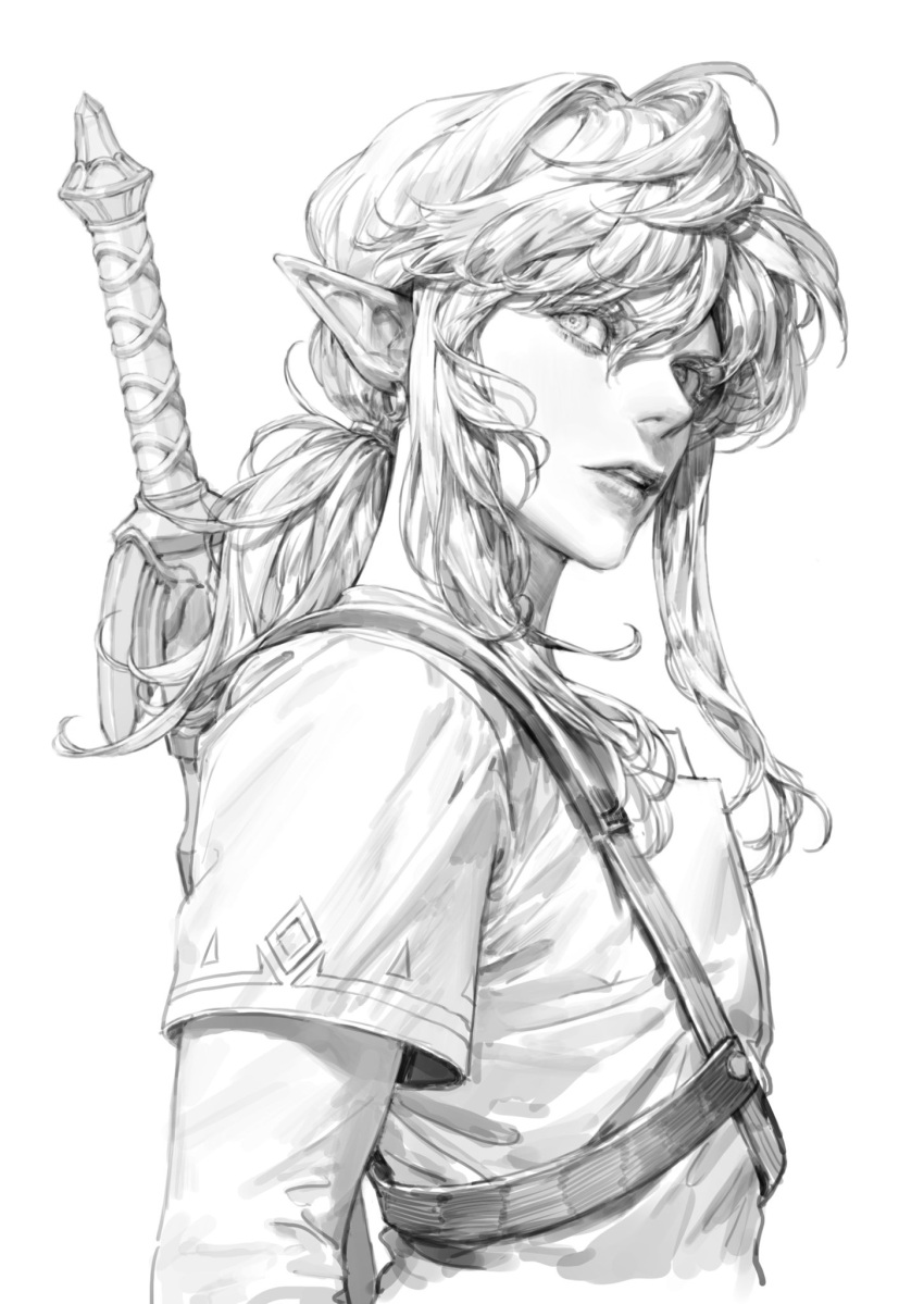 1boy earrings greyscale hair_between_eyes hair_tie highres jewelry link long_sleeves looking_up low_ponytail male_focus medium_hair monochrome parted_lips pointy_ears sidelocks solo the_legend_of_zelda the_legend_of_zelda:_breath_of_the_wild tunic upper_body vlfdus_0 weapon weapon_on_back white_background