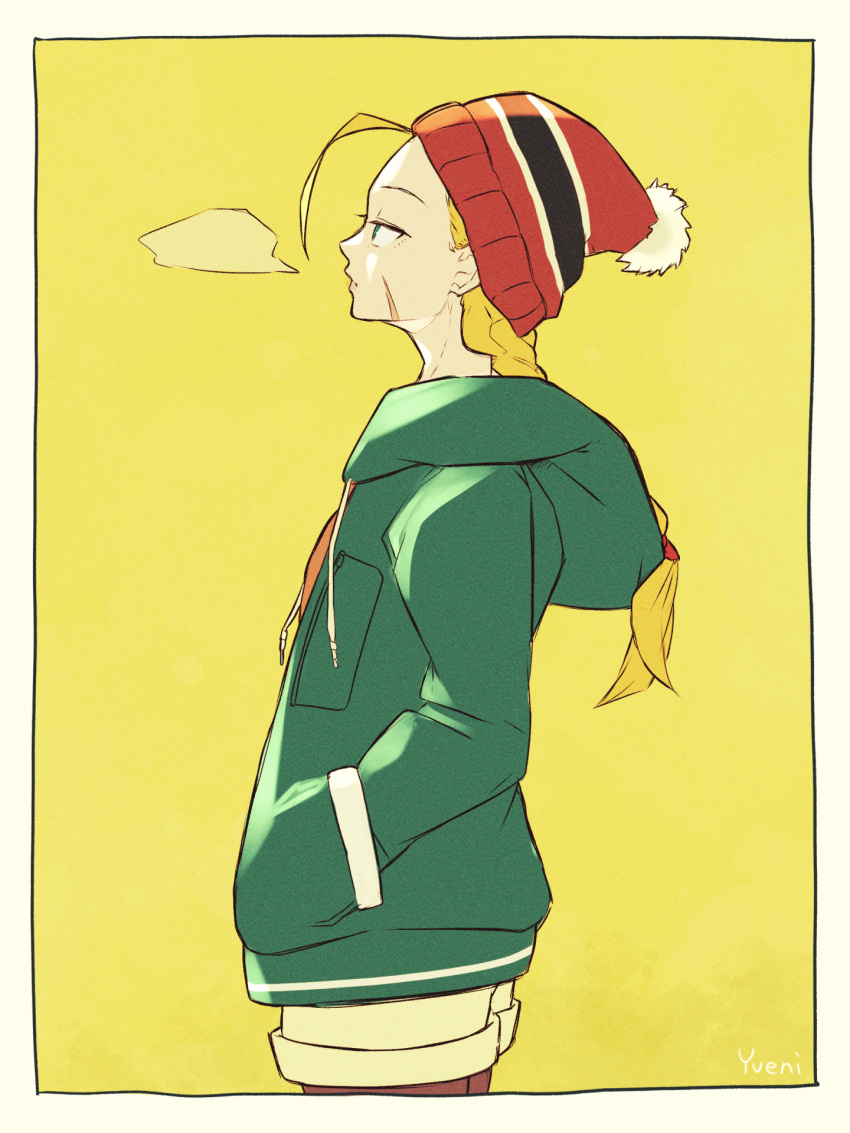 1girl ahoge beanie blonde_hair braid breath cammy_white commentary_request cowboy_shot from_side hands_in_pockets hat highres hood hooded_jacket jacket long_hair pantyhose_under_shorts pom_pom_(clothes) profile scar scar_on_face shorts signature simple_background solo street_fighter twin_braids yuenibushi
