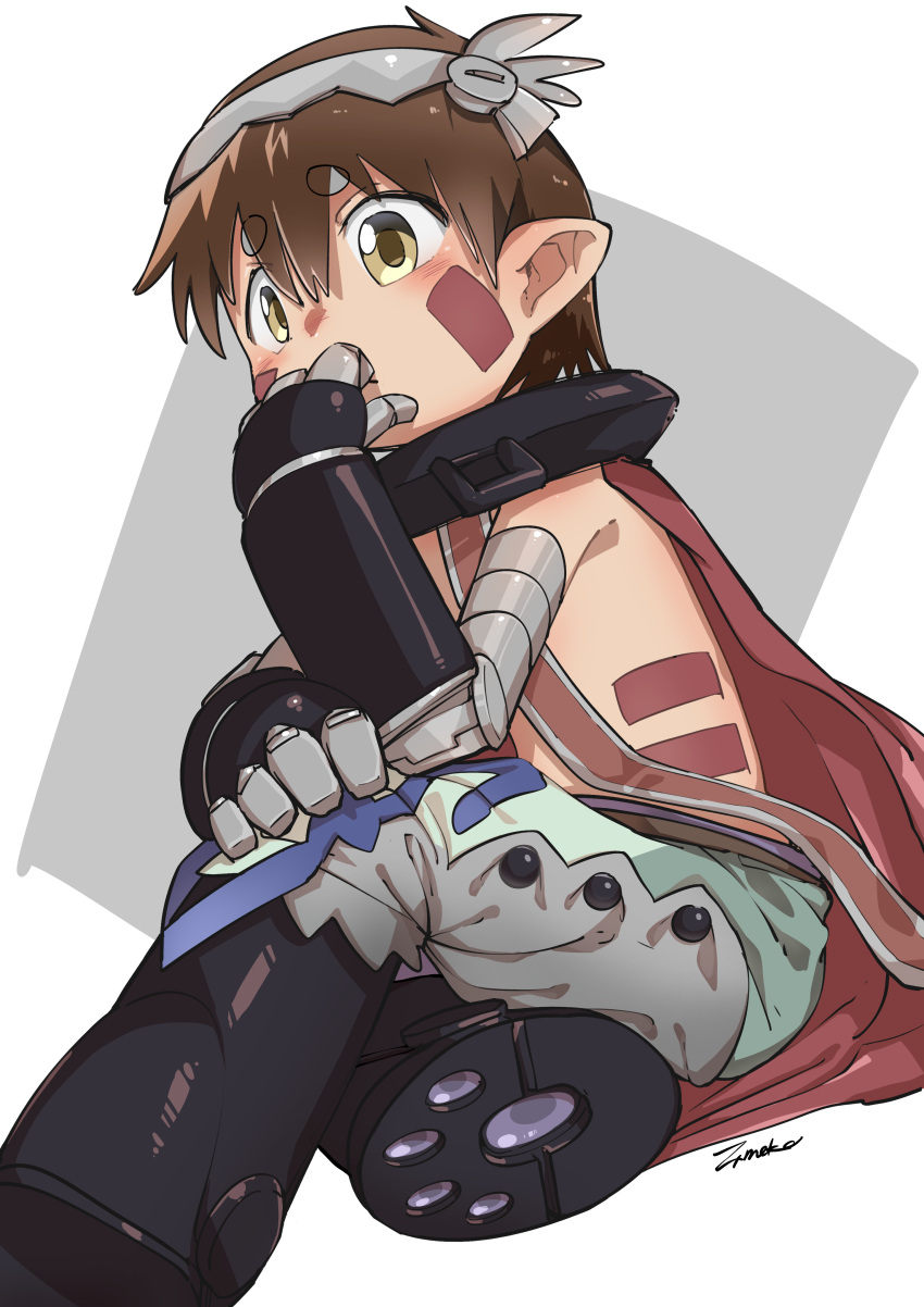 1boy absurdres brown_eyes brown_hair cape collar covering_mouth crossed_legs cyborg facial_mark hairband hand_over_own_mouth highres made_in_abyss male_child male_focus marking_on_cheek mechanical_arms mechanical_hands mechanical_legs metal_collar pointy_ears red_cape regu_(made_in_abyss) sitting solo stomach_tattoo tattoo two-tone_background zxmeko