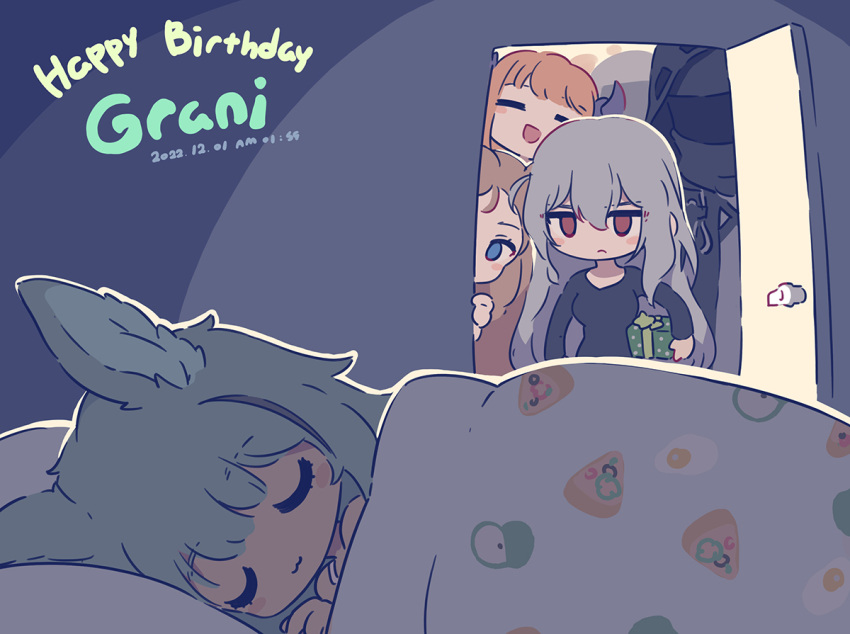 1other 4girls :&lt; :3 =_= ambiguous_gender animal_ears archetto_(arknights) arknights asicah bagpipe_(arknights) blue_eyes blush_stickers brown_hair character_name chibi closed_eyes dated doctor_(arknights) door dragon_horns gift grani_(arknights) grey_hair happy_birthday holding holding_gift horns horse_ears horse_girl jitome long_hair lying mask multiple_girls on_side orange_hair peeking red_eyes skadi_(arknights) sleeping u_u under_covers uwu very_long_hair