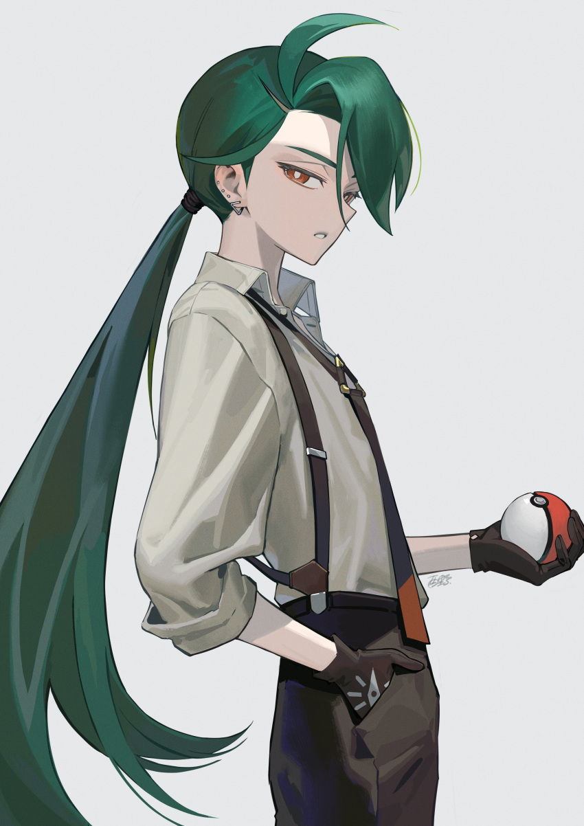 1girl absurdres ahoge androgynous black_gloves black_necktie black_pants bright_pupils brown_eyes collared_shirt earrings gloves green_hair grey_background grey_shirt hand_in_pocket highres holding holding_poke_ball huge_ahoge jewelry long_hair looking_at_viewer necktie pants poke_ball pokemon pokemon_(game) pokemon_sv ponytail rika_(pokemon) shirt simple_background solo suspenders torino_kawazu very_long_hair white_pupils