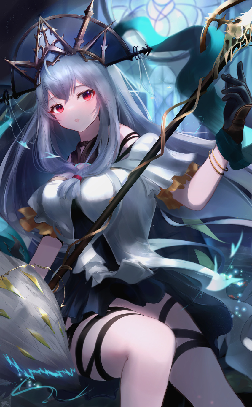 1girl absurdres arknights bangs black_dress black_gloves dress gloves hat highres holding holding_staff long_hair open_mouth red_eyes roki@ sitting skadi_(arknights) skadi_the_corrupting_heart_(arknights) solo staff white_hair