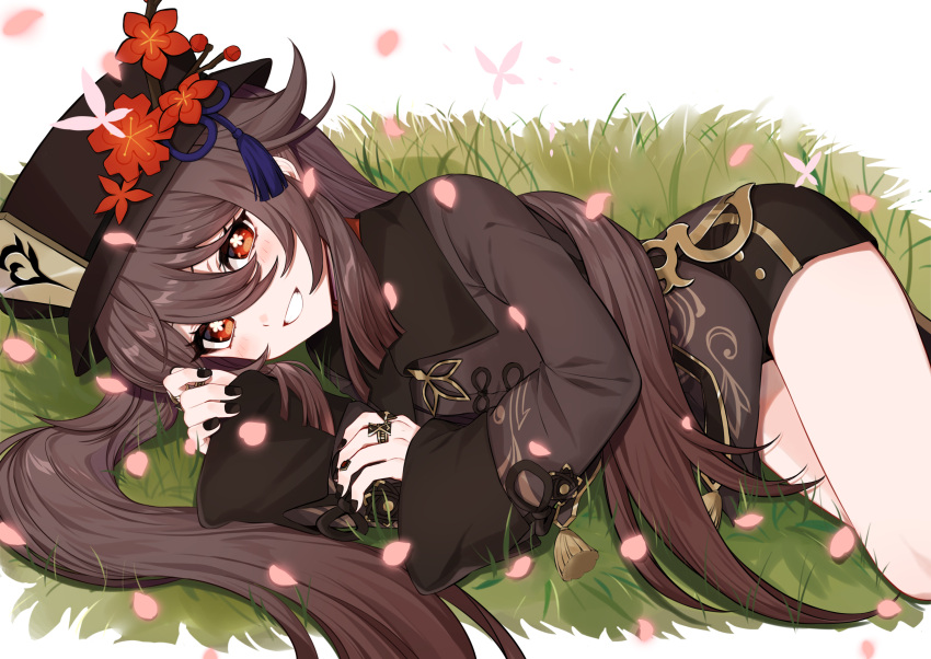 1girl :d absurdres bangs black_headwear black_nails black_shorts breasts brooch brown_hair bug butterfly butterfly_on_hand chinese_clothes closed_eyes closed_mouth coat coattails collared_coat collared_shirt colored_tips commentary_request falling_petals flower-shaped_pupils genshin_impact grass hair_between_eyes hat hat_ornament highres hu_tao_(genshin_impact) jewelry long_hair long_sleeves lying multicolored_hair nail_polish on_side petals porkpie_hat red_eyes red_shirt redhead ring shirt short_shorts shorts sidelocks small_breasts smile socks solo sushi_171 symbol-shaped_pupils talisman tassel twintails white_socks wide_sleeves