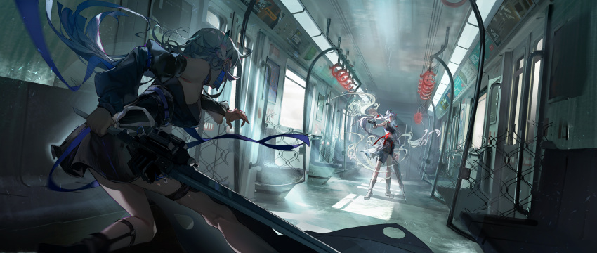 2girls absurdres bare_shoulders black_dress boots crop_top detached_sleeves dress ground_vehicle highres holding holding_sword holding_weapon indoors leaning_forward long_hair long_sleeves looking_at_another multiple_girls original skirt sq_(su_qing) standing sword train weapon white_hair