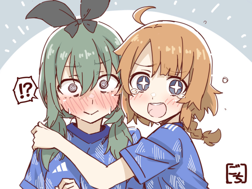 !? +_+ 2022_fifa_world_cup 2girls :d @_@ artist_name assault_lily bangs black_bow blue_eyes blue_shirt blush bow braid braided_ponytail closed_mouth commentary futagawa_fumi gochisousama_(tanin050) green_hair grey_background hair_between_eyes hair_bow hand_on_another's_shoulder hand_up heads_together jersey long_hair looking_at_viewer low_ponytail low_twintails multiple_girls nose_blush orange_hair shirt short_sleeves side-by-side single_braid smile soccer spoken_interrobang sweat tearing_up teeth twintails two-tone_background upper_body upper_teeth violet_eyes white_background wide-eyed world_cup yamanashi_hibari yuri