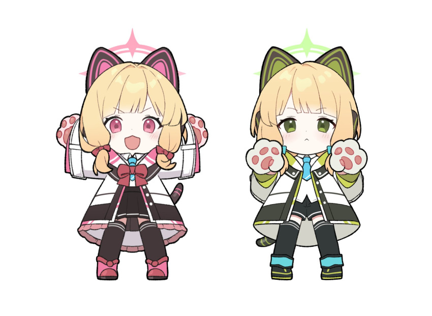 2girls :&lt; :3 animal_hands arms_up bangs black_footwear black_shorts black_skirt black_thighhighs blonde_hair blue_archive blue_necktie bow bowtie cat_ear_headphones cat_tail chibi coat commentary dot_nose frilled_coat full_body gloves green_eyes hair_bow halo hands_up headphones highres light_blush long_sleeves looking_at_viewer marimo_jh midori_(blue_archive) momoi_(blue_archive) multiple_girls necktie open_mouth oversized_clothes paw_gloves pink_eyes pink_footwear pleated_skirt red_bow red_bowtie serious shirt short_hair shorts siblings sisters skirt smile tail thigh-highs v-shaped_eyebrows white_background white_coat white_shirt