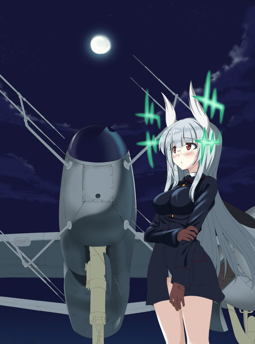 1girl a9b_(louis814) absurdres aircraft airplane blush breasts glasses heidimarie_w._schnaufer highres large_breasts long_hair military military_uniform moon night open_mouth outdoors panties red_eyes shiny shiny_hair solo underwear uniform white_hair white_panties wing_ears world_witches_series