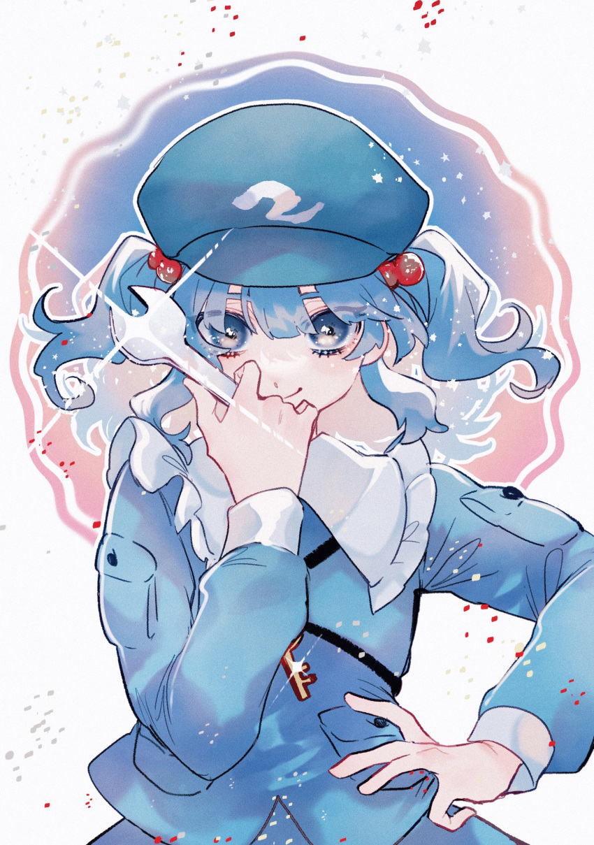 1girl absurdres blue_eyes blue_hair blue_headwear blue_shirt blush closed_mouth commentary flat_cap frilled_shirt_collar frills hair_between_eyes hair_bobbles hair_ornament hand_on_hip hand_up hat highres holding holding_wrench katai_(nekoneko0720) kawashiro_nitori long_sleeves looking_at_viewer medium_hair one-hour_drawing_challenge shirt sleeve_cuffs smile solo touhou twintails upper_body wrench