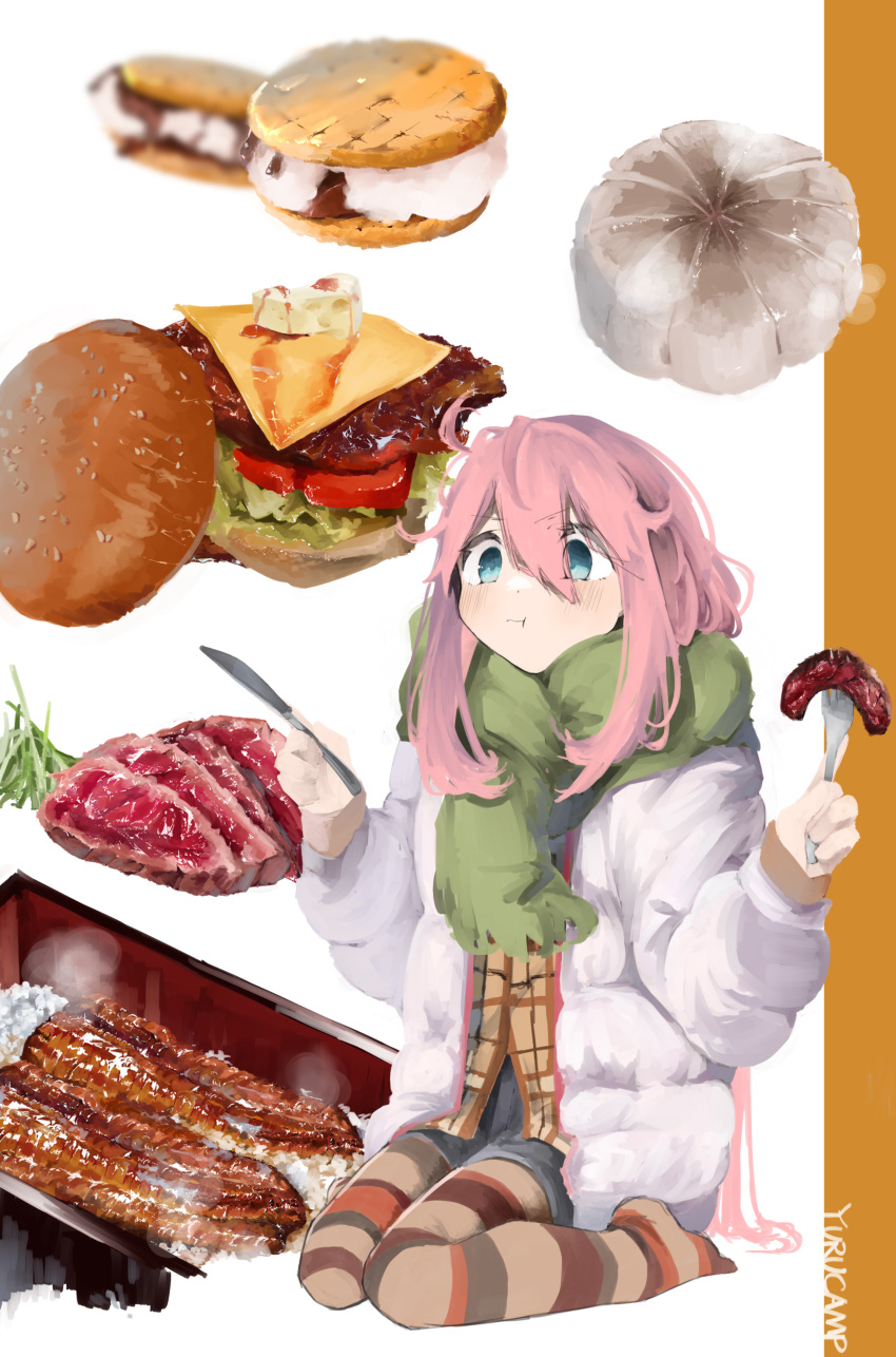 1girl absurdres ahoge bangs baozi bento blue_eyes burger cheese commentary_request copyright_name eating food fork hair_between_eyes highres holding holding_food holding_fork holding_knife jacket kagamihara_nadeshiko knife leadin_the_sky leggings lettuce light_blush long_hair on_ground pink_hair pout rice s'more scarf seiza sitting sliced_cheese solo steak steam striped_leggings tomato tomato_slice white_background yurucamp