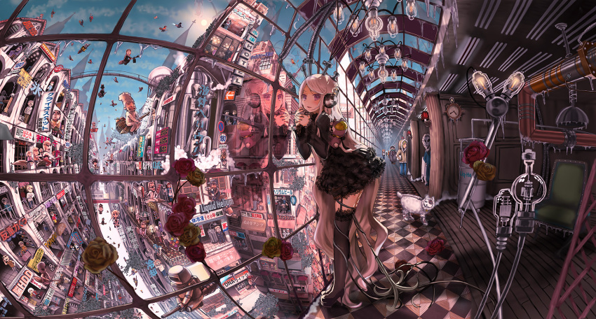 1girl checkered_floor cityscape clutter commentary_request dog duplicate fisheye flower garter_belt gothic_lolita high_heels highres john_hathway lace lace-trimmed_legwear lace_trim light_bulb lolita_fashion long_hair original photoshop_(medium) pixel-perfect_duplicate red_eyes reflection rose scenery shoes thigh-highs vanishing_point