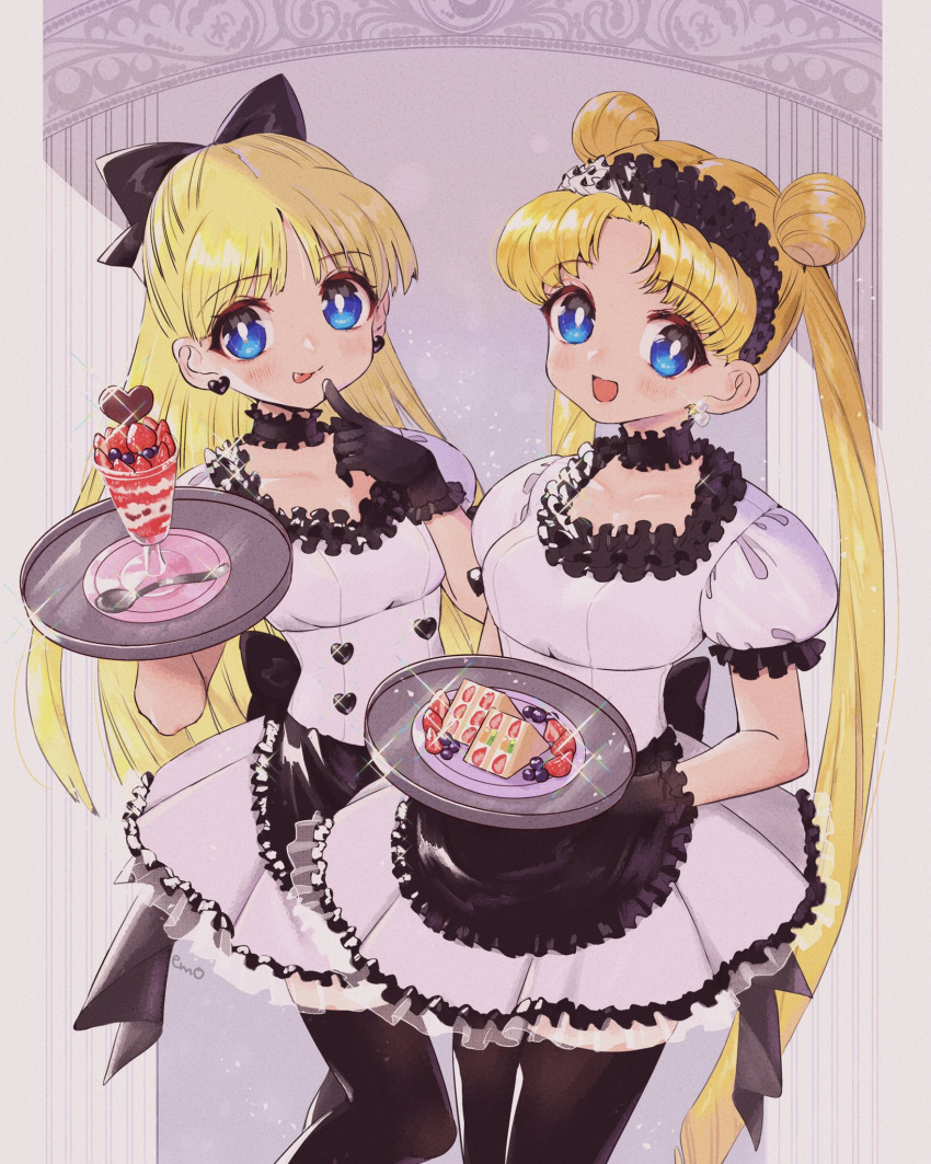 2girls :d :p aino_minako apron bangs bishoujo_senshi_sailor_moon black_apron black_bow black_choker black_gloves black_thighhighs blonde_hair blue_eyes bow brooch cake choker collarbone double_bun dress earrings food frilled_dress frilled_hairband frills gloves hair_bow hair_bun hairband heart heart_earrings highres ice_cream jewelry long_hair maid multiple_girls parted_bangs smile stud_earrings thigh-highs tongue tongue_out tsukino_usagi very_long_hair white_dress yyemoyy