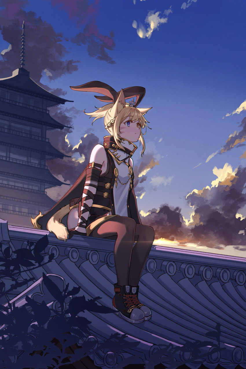 1girl absurdres animal_ears architecture avatar_(ff14) black_gloves blue_eyes braid closed_mouth clouds cloudy_sky east_asian_architecture fake_animal_ears final_fantasy final_fantasy_xiv gloves heterochromia highres jl_tan leotard miqo'te outdoors rabbit_ears red_eyes rooftop shoes sitting sitting_on_roof sky solo thigh-highs