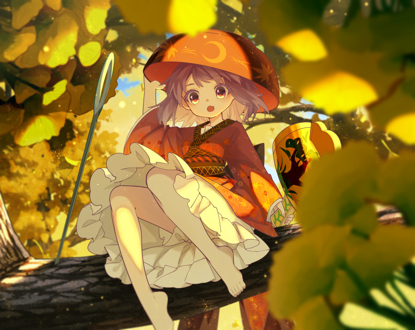 1girl absurdres bare_legs barefoot black_headwear bowl bowl_hat feet full_body hat highres japanese_clothes jiege kimono legs long_sleeves miracle_mallet nail_polish needle needle_sword obi open_mouth purple_hair red_eyes red_kimono sash short_hair sitting solo sukuna_shinmyoumaru toenail_polish toenails toes touhou tree wide_sleeves