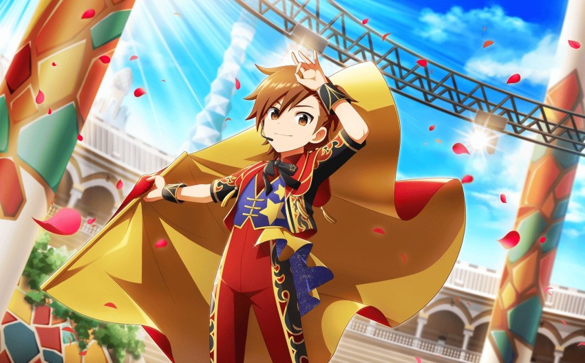 1boy black_bow black_bowtie blue_sky bow bowtie brown_eyes brown_hair fingernails glint highres idolmaster idolmaster_side-m idolmaster_side-m_live_on_stage! male_child male_focus official_art short_sleeves sky smile solo spotlight star_(symbol) star_print tachibana_shiro_(idolmaster) third-party_source