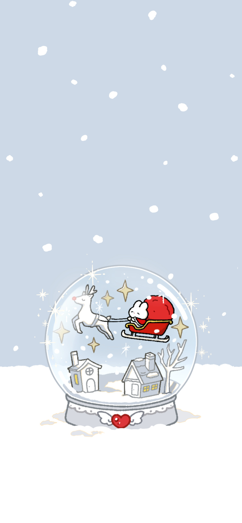 absurdres animal bare_tree capelet danby_merong fur-trimmed_capelet fur_trim grey_background heart highres house no_humans original rabbit red_capelet reindeer simple_background sleigh snow snow_globe snowing sparkle tree