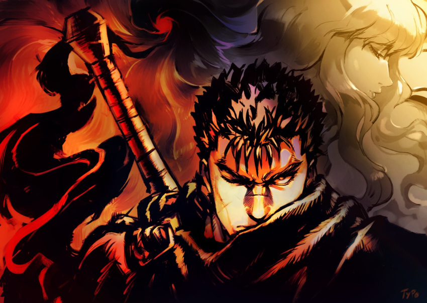 2boys berserk black_hair griffith_(berserk) guts_(berserk) long_hair looking_at_viewer multiple_boys one_eye_closed optionaltypo portrait scar scar_on_face short_hair sword sword_on_back weapon weapon_on_back white_hair