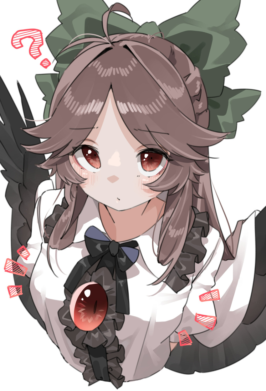 1girl absurdres bird_wings black_wings bow brown_eyes brown_hair center_frills collared_shirt commentary_request frilled_bow frilled_shirt_collar frills green_bow hair_bow highres long_hair ninniku_(mfu7324) ponytail puffy_short_sleeves puffy_sleeves reiuji_utsuho shirt short_sleeves solo third_eye_on_chest touhou white_shirt wings